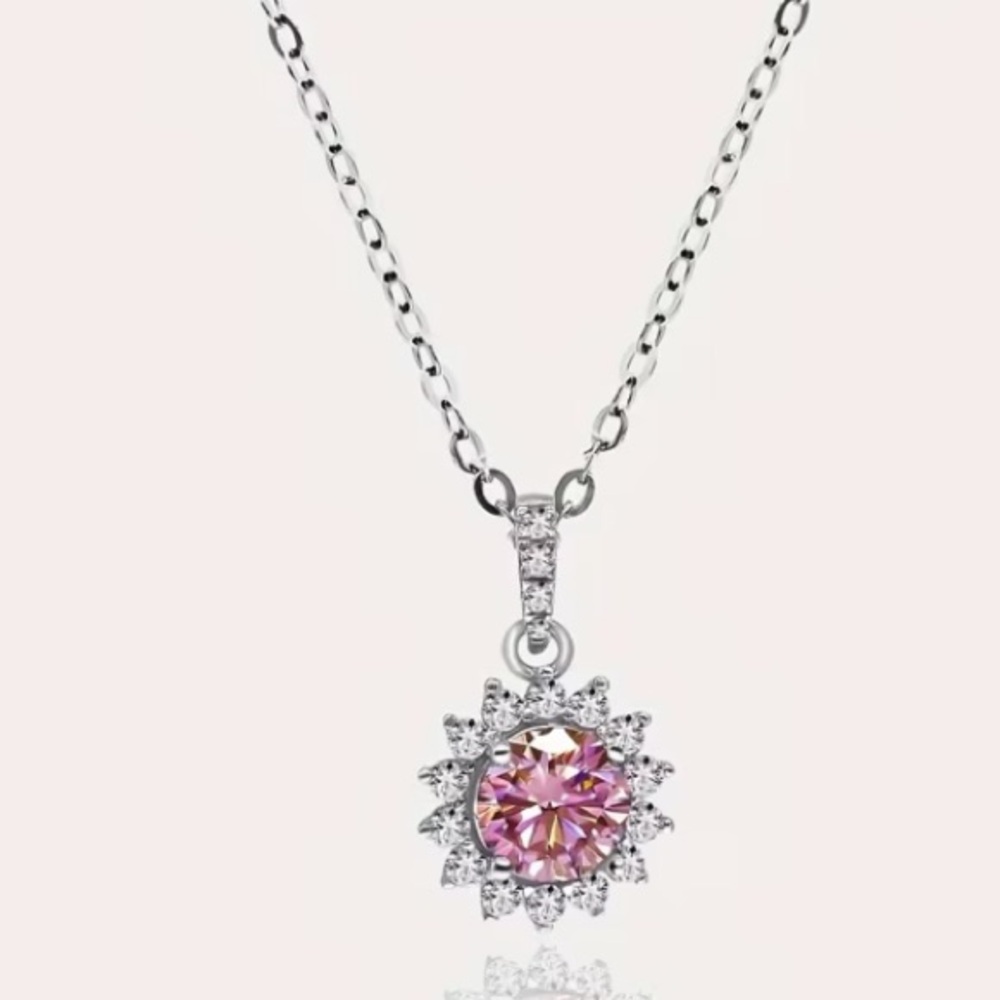 Sterling Silver Pink Moissanite Halo Pendant Necklace